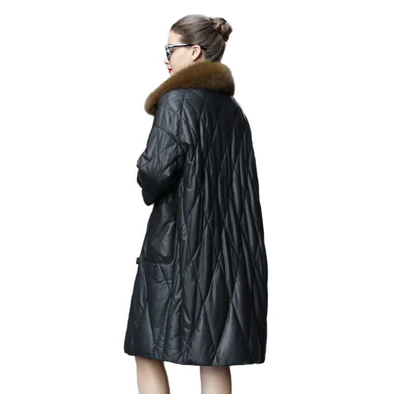 Leather Down Jacket for Women, Medium Length, Loose, Large Sheepskin Coat, Fox Fur Collar, Warm Outerwear, Winter