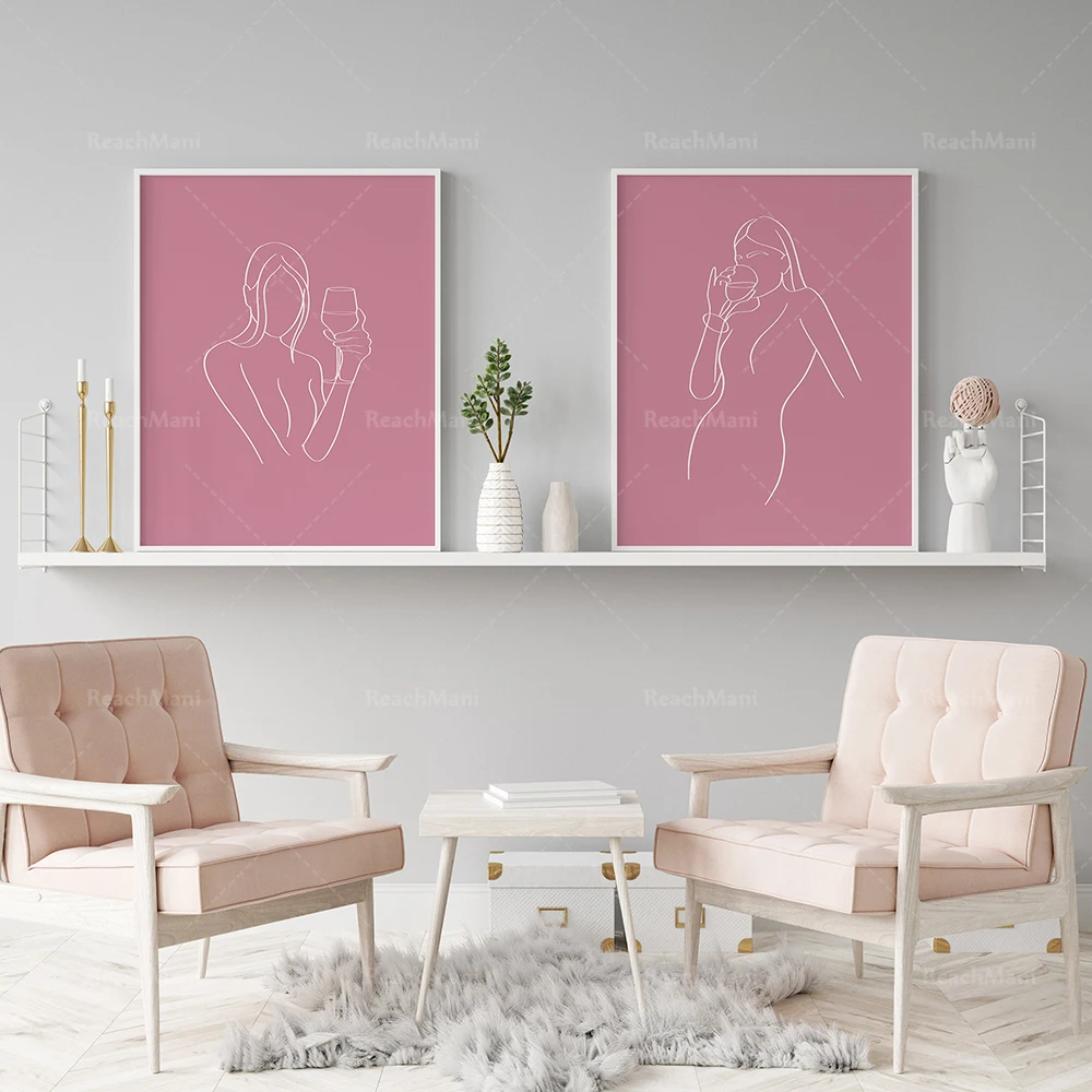 

Fuchsia female character drinking line art poster, beautiful art printable wall room bedroom decoration poster