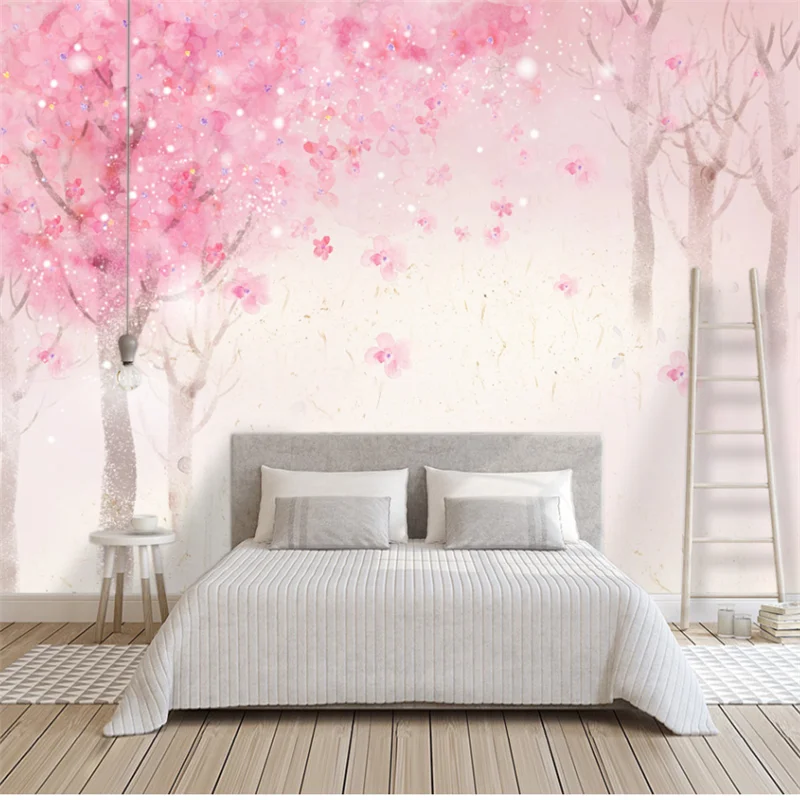 

wellyu Custom hand painted watercolor cherry blossom nordic romantic cherry blossom forest living room background wallpaper