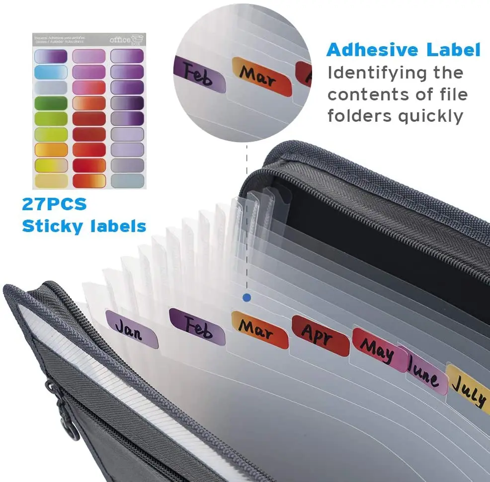 A4ขยายแฟ้มโฟลเดอร์ Sticky Labels,13กระเป๋า Accordion เอกสาร Organizer ขยายแฟ้มโฟลเดอร์ที่มีซิปปิด