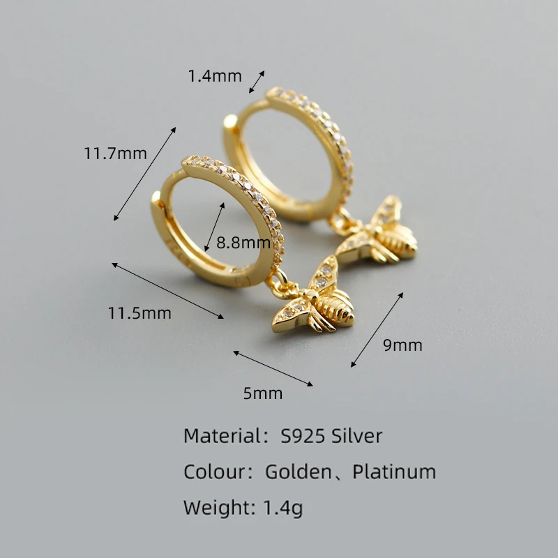 WANTME New Genuine 925 Sterling Silver Pave Zircon Bee Pendant Stud Earrings for Women Bohemian Luxury Chic Insect Jewelry Gift
