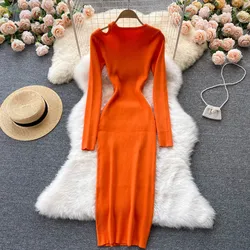 Knitting Long Sleeve Hollow Out Sexy Women's Maxi Dress Elegant Chic Bodycon Fashion Ribbed Solid Black Robe Pullover Vestidos