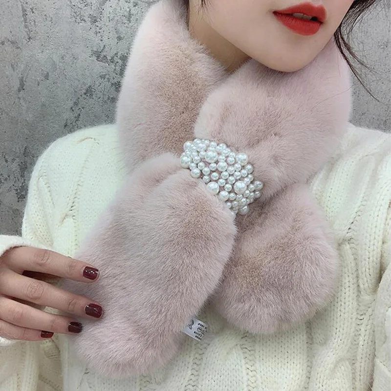 Korean Female Soft Faux Rabbit Fur Cross Pearl Scarves Winter Plush Thicken Windproof Warm Neck Guard False Collar Scarf O51