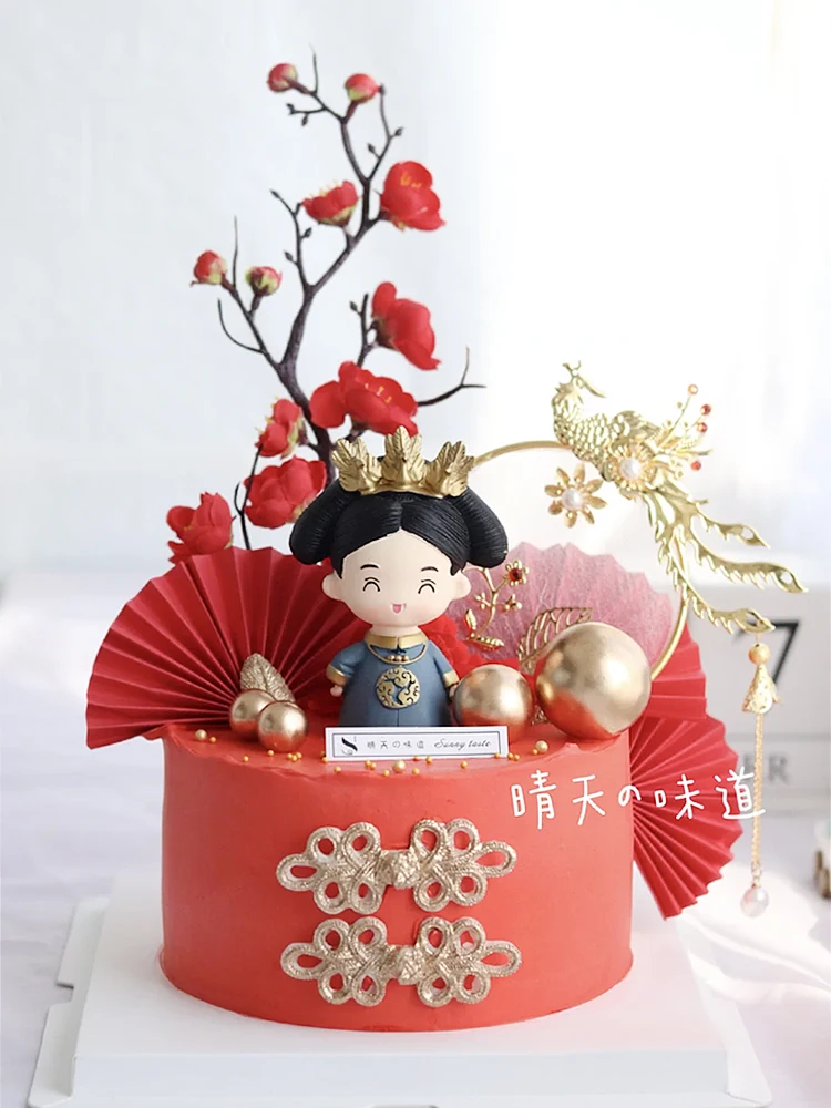 Chinese style birthday King Queen Acrylic Cake Topper Cartoon Girls Boy Happy Birthday Cake Topper For Kids Birthday Party Gifts