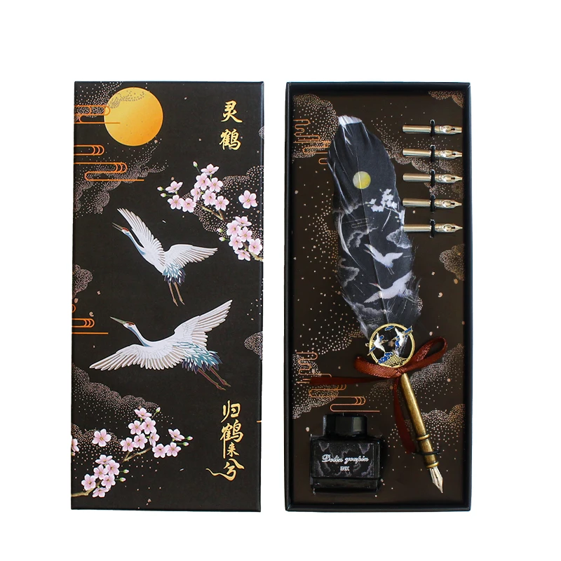 Chinese Stijl Veer Pen Ganzenveer Kroontjespen Met Inkt Gift Box Set