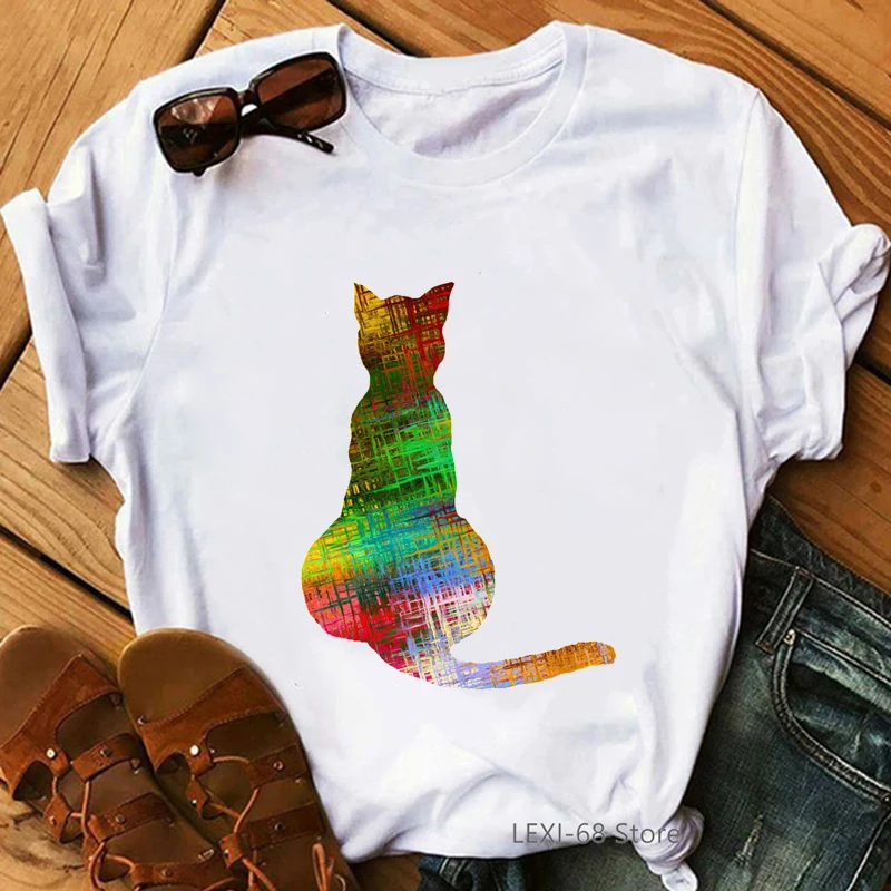 Camiseta feminina estampa de gato aquarela, camiseta engraçada feminina harajuku kawaii, roupas de verão