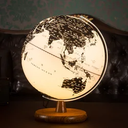 25cm Globe World Map Earth Globe Vintage Wooden Ornaments USB Glow Globe Chinese English Version Geography Education Toy Decor