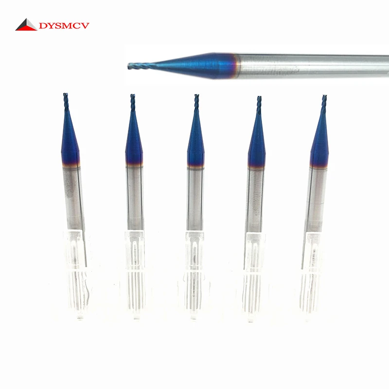 Fresa de 1mm HRC65, 4 flautas, D1 x 3 x D4 x 50L, 4T, carburo sólido, fresado con revestimiento de nACo y azul