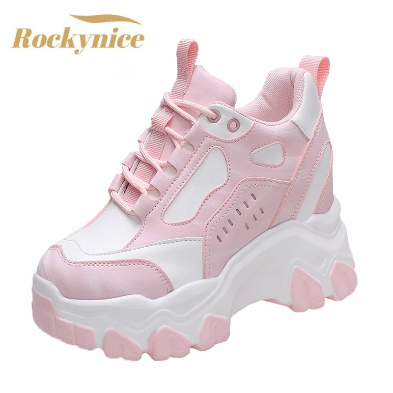 High Platform Sneakers For Women Chunky Leather Shoes Fashion Walking Trainers 9.5CM Casual Shoes Woman Lace-up Vulcanized Shoes