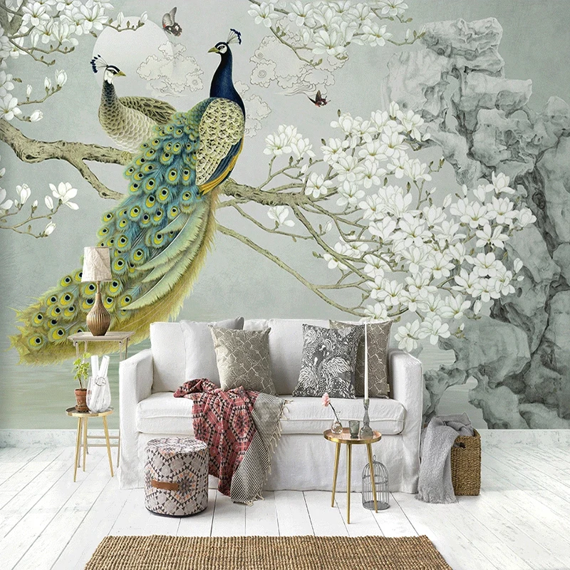 

Custom Photo Mural Wallpaper 3D Peacock Flowers Wall Painting Study Living Room Background Home Decor Papel De Parede