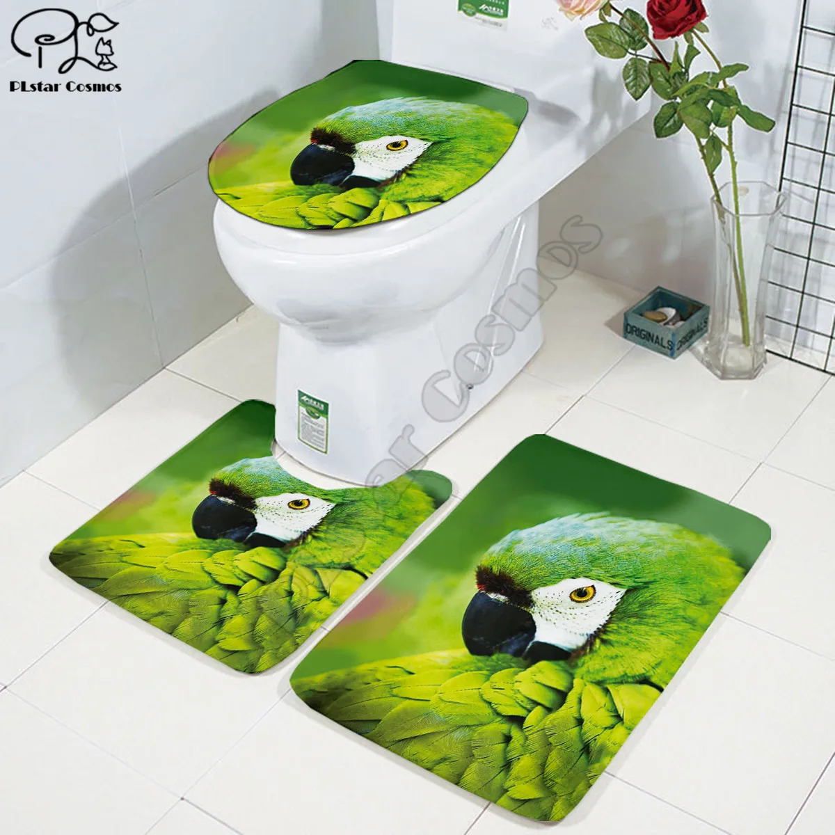 

Funny Parrot 3D printed Bathroom Pedestal Rug Lid Toilet Cover Bath Mat Set drop shipping