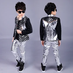 Jazz Costumes Boys Silver Fashion Sequined Jacket Children Stage Outfit Hiphop Kids Street Dance Clothes Children Wear DNV11839