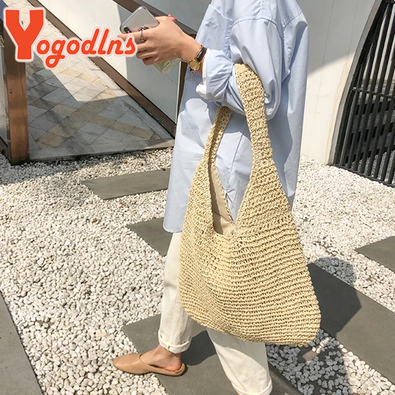 Yogodlns Summer Straw Bag For Women Woven Handmade Handbag Large Capacity Lady Tote Vacation Beach Bag Rattan Shoulder Bag Bolsa