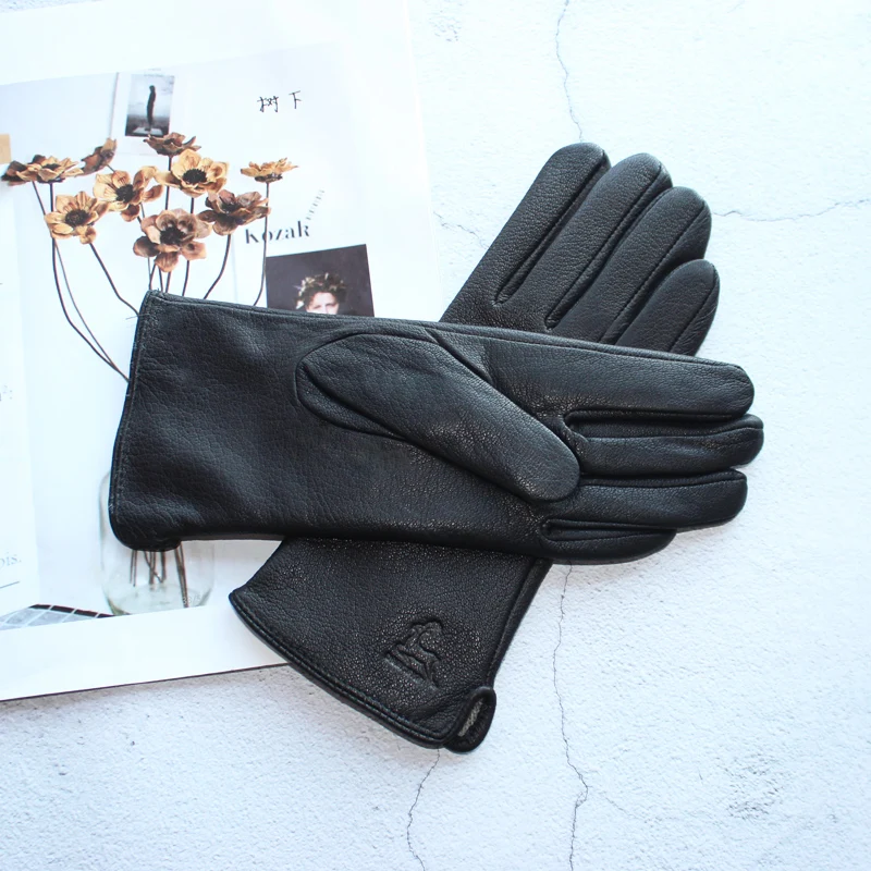 Neue 100% Echtem Leder frauen Handschuhe Samt Futter Dünne Abschnitt Fahren Schwarz Deer Haut Handschuhe Warm Halten Im Winter