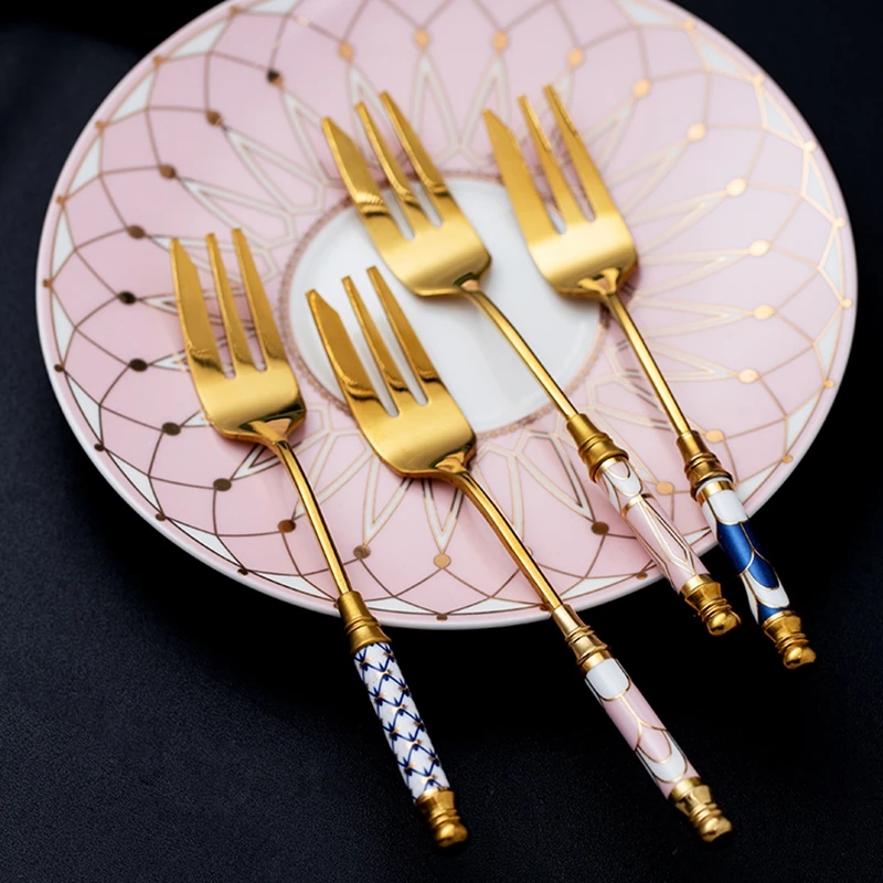 1Pc Chic Stainless Steel Fruit Fork Golden Ceramic Handle Dessert Cake Forks Vintage Cultery Dinner Service Dinnerware Tableware