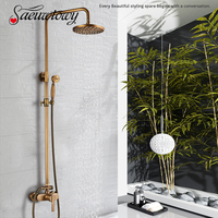 Antique Brass Style Shower Faucet Set Single Handle with Handheld Shower Mixer Taps Wall Mount Bathroom Bath Faucet With Shelves