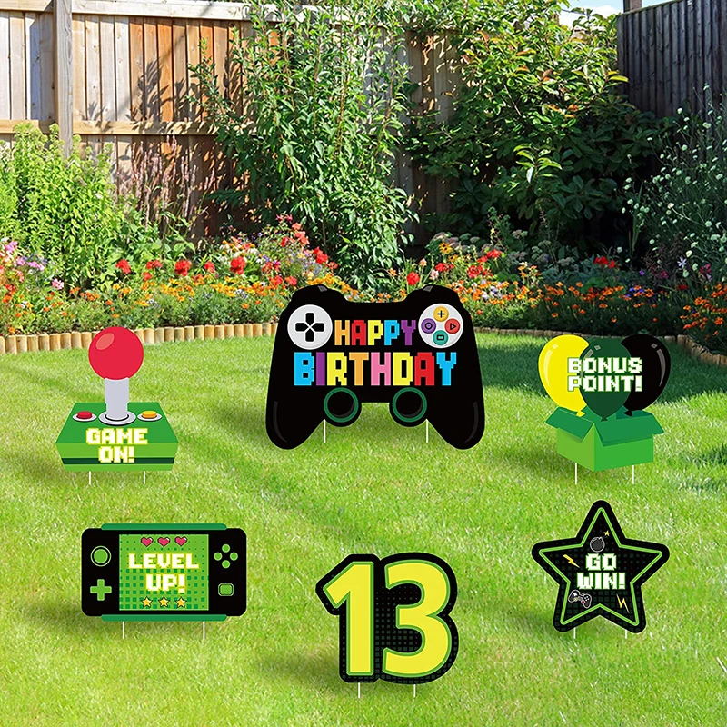 6Pc 13th Video Game Happy Birthday Yard Sign Colorful Outdoor Lawn Signs Gaming Garden Party Decoration for Teenager Adult