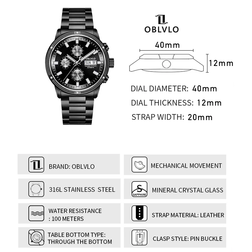 OBLVLO Orologi automatici da uomo Cronografo maschile Orologio da polso meccanico di lusso 100M Cinturino in acciaio luminoso impermeabile Data della settimana