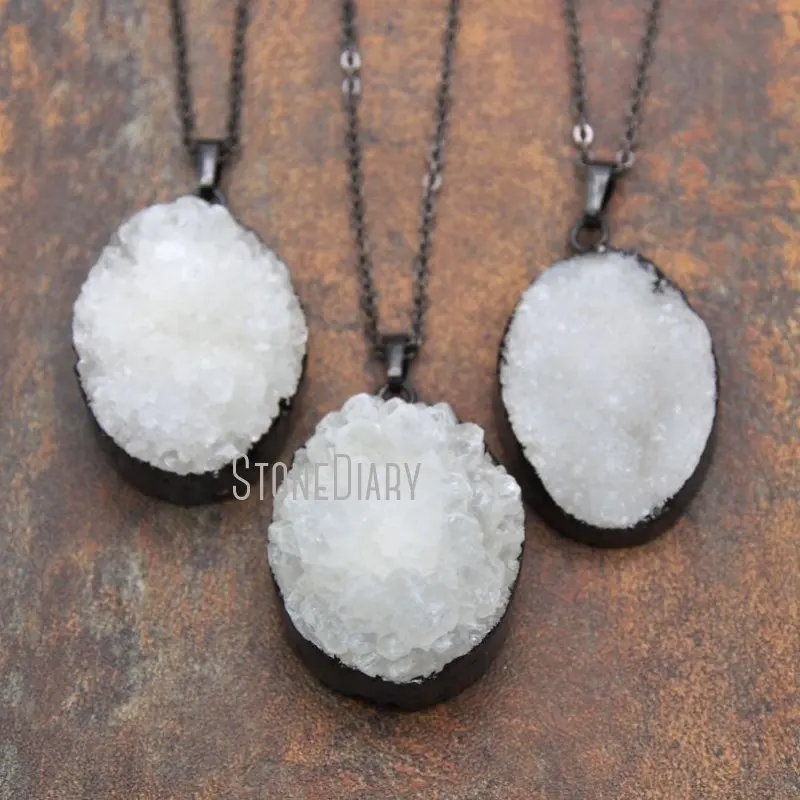 

NM12274 Gun Black Oval Shaped Necklace Druzy Crystal Necklace 18inch-32inch