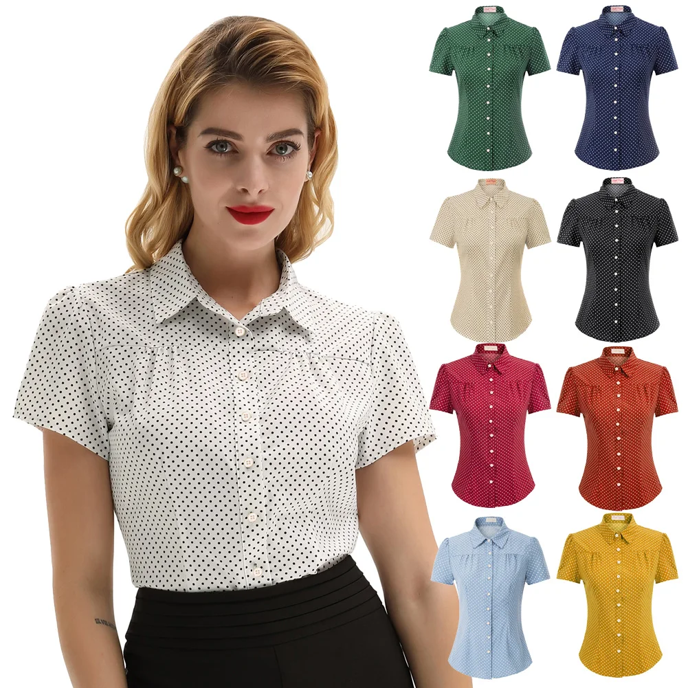 Belle Poque Shirt Women Retro Polka Dots Short Sleeve Blouse Turn-down Collar Curved Hem Shirt Summer Clothes New Fashion Ladies