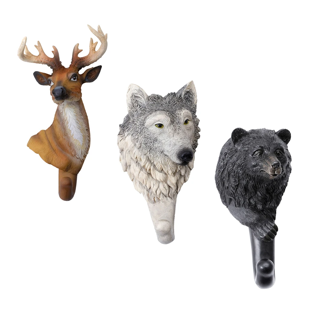 Resin Animal Wolf Bear Deer Head Wall Hanging Hook Coat Rack Home Decor