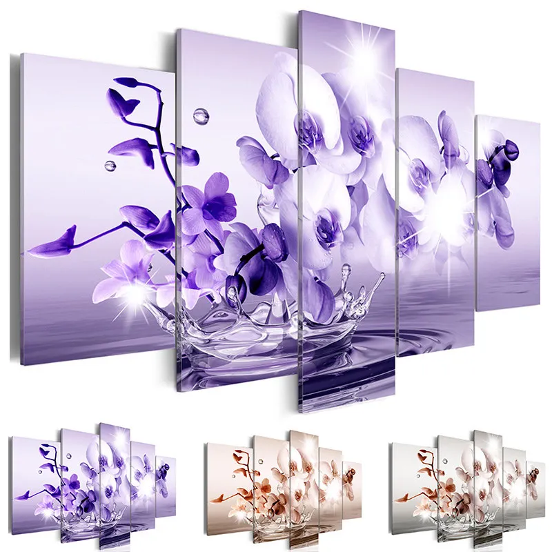 5 Panel Colourful Moth Orchid Abstract Canvas Posters Wall Art Pictures Paintings Accessories Home Decor Living Room Decoration