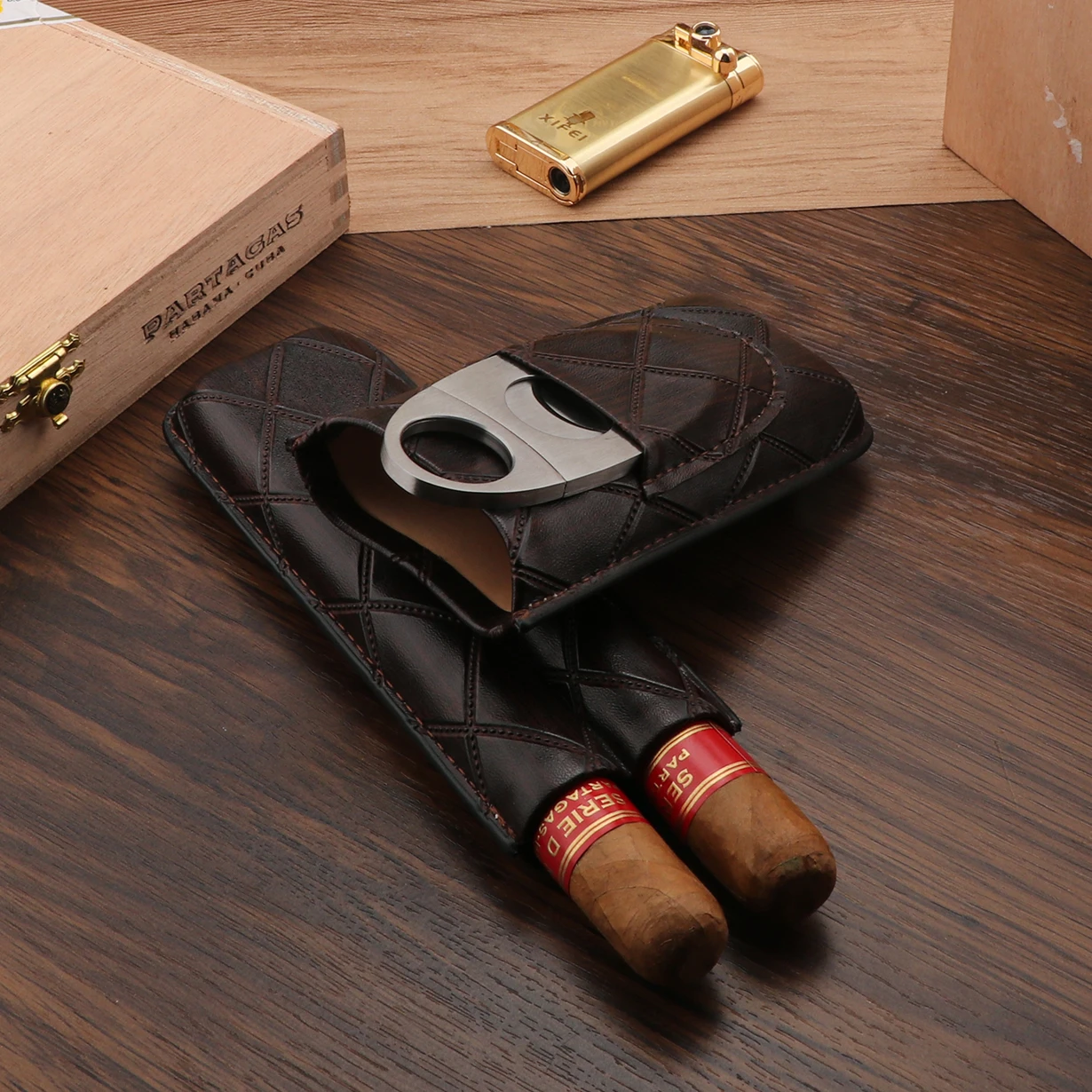 Xifei 2 Slots Leather Cigar Case Set Portable Humidor Box W/ Stainless Steel Cutter Travel Smoking Cigarette Storage Accessories