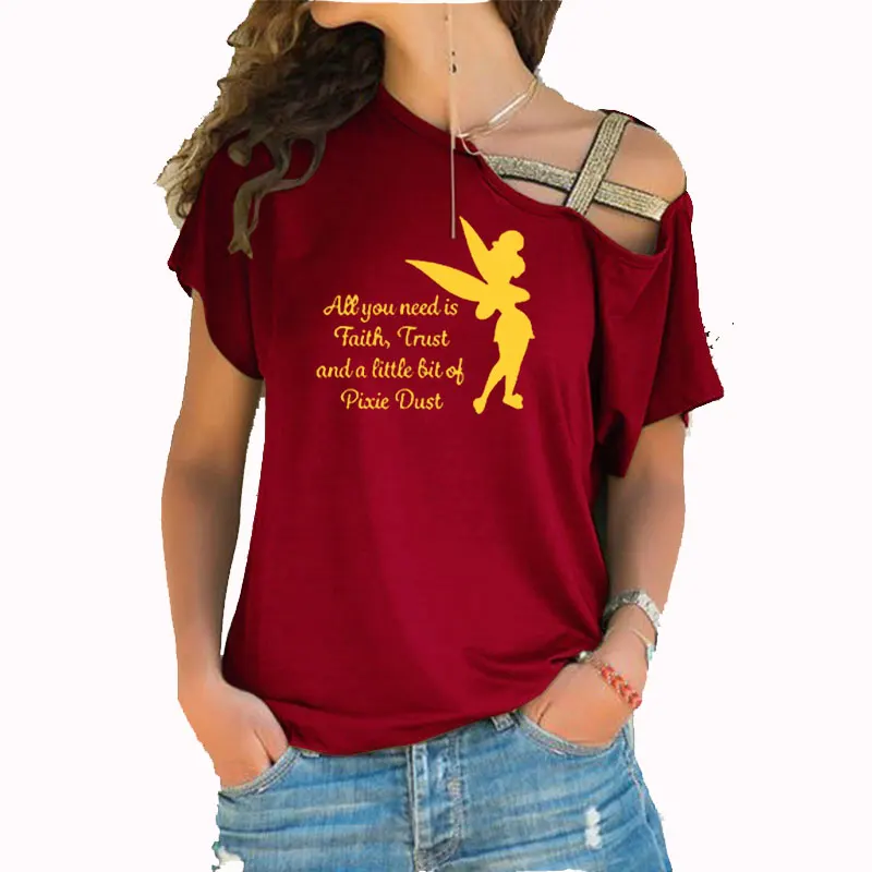 All you need is a little Faith Trust and Pixie Dust T shirt Femme Tinkerbell Printed Irregular Skew Cross Bandage Tshirt