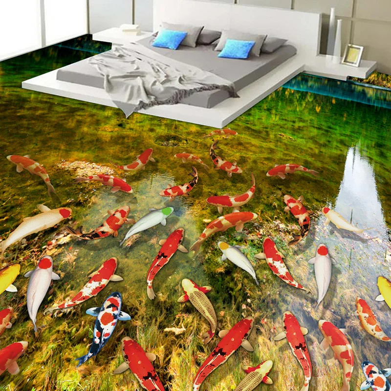 Custom Lake Water Carps Murals PVC Waterproof Self-adhesive 3D Floor Bathroom Bedroom Floor Sticker Vinyl Wallpaper Home Decor