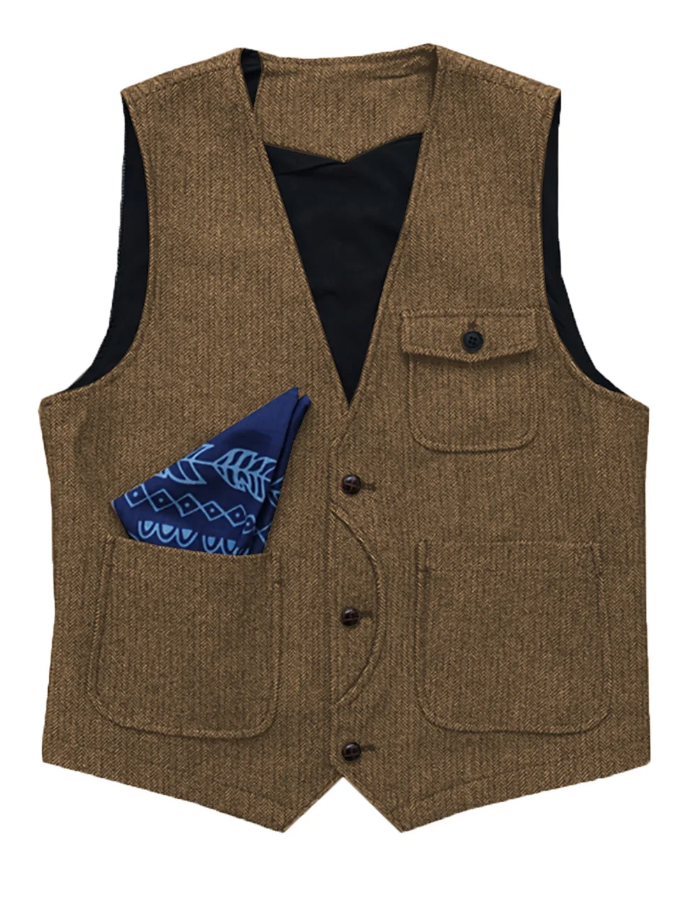 

Casual V Neck Wool Tooling Vest Formal Herringbone Tweed Brown Waistcoat Business Vest Groomman For Wedding Prom