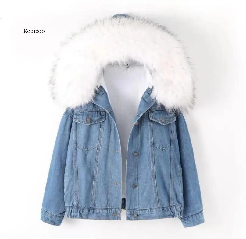 Streetwear Removable Fur Collar Thick Short Denim Coat Women Winter Warm Big Pocket Jean Jacket Loose Single Breasted Tops Coat