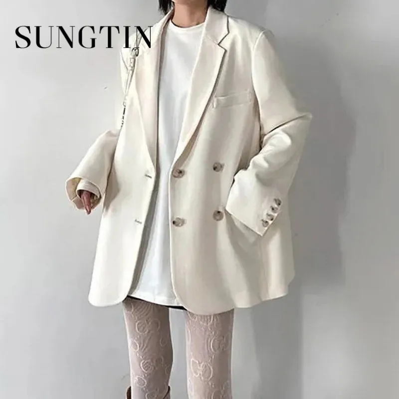 Sungtin Fashion Office Lady Oversized Blazer Women 2023 Spring Autumn Elegant Jackets Female Vintage Double Breasted Chic Tops