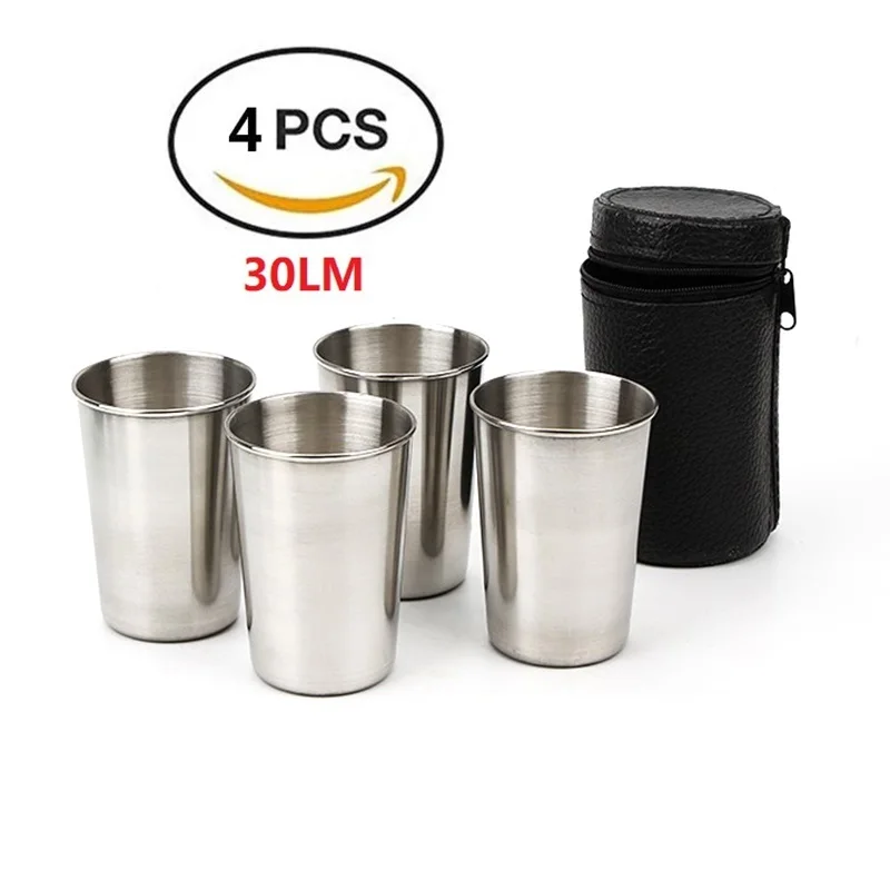 4pcs Protable Outdoor Camping Cup Stainless Steel Drinking Cup Mini Coffee Tea Beer Whisky Wine Glasses Set Tableware