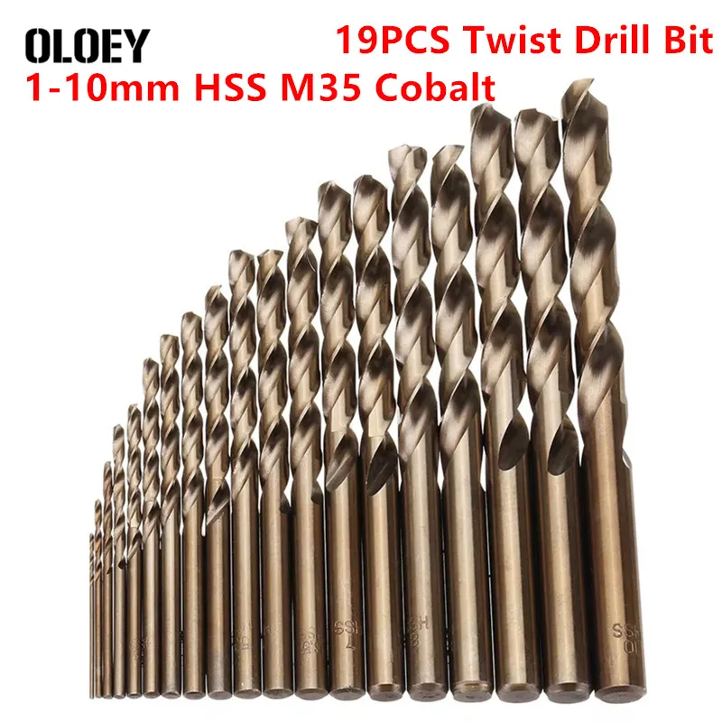 19PCS 1-10mm HSS M35 Cobalt Twist Drill Bit Set for Metal Alluminum Wood Drilling Deep Hole Positioning Iron HSS-Co Tools Kit