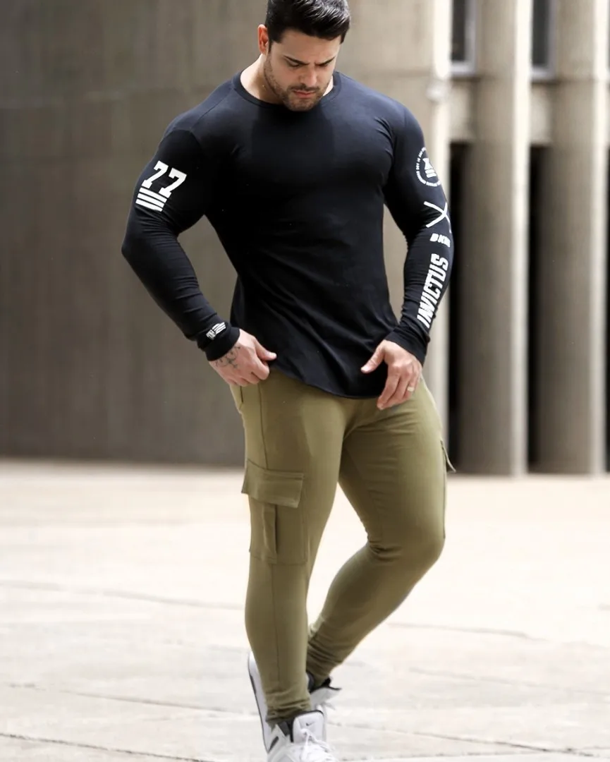 Men Skinny Long sleeve Shirts Spring 2019 Casual Fashion Printed T-Shirt Male Gyms Fitness Black Tee shirt Tops Brand Clothing