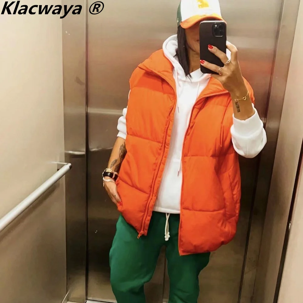 Klacwaya Women Vest Sleeveless Jacket For Women 2021 Orange Warm Vests Waistcoat Women Quilted Jacket Casual Zipper Gilet