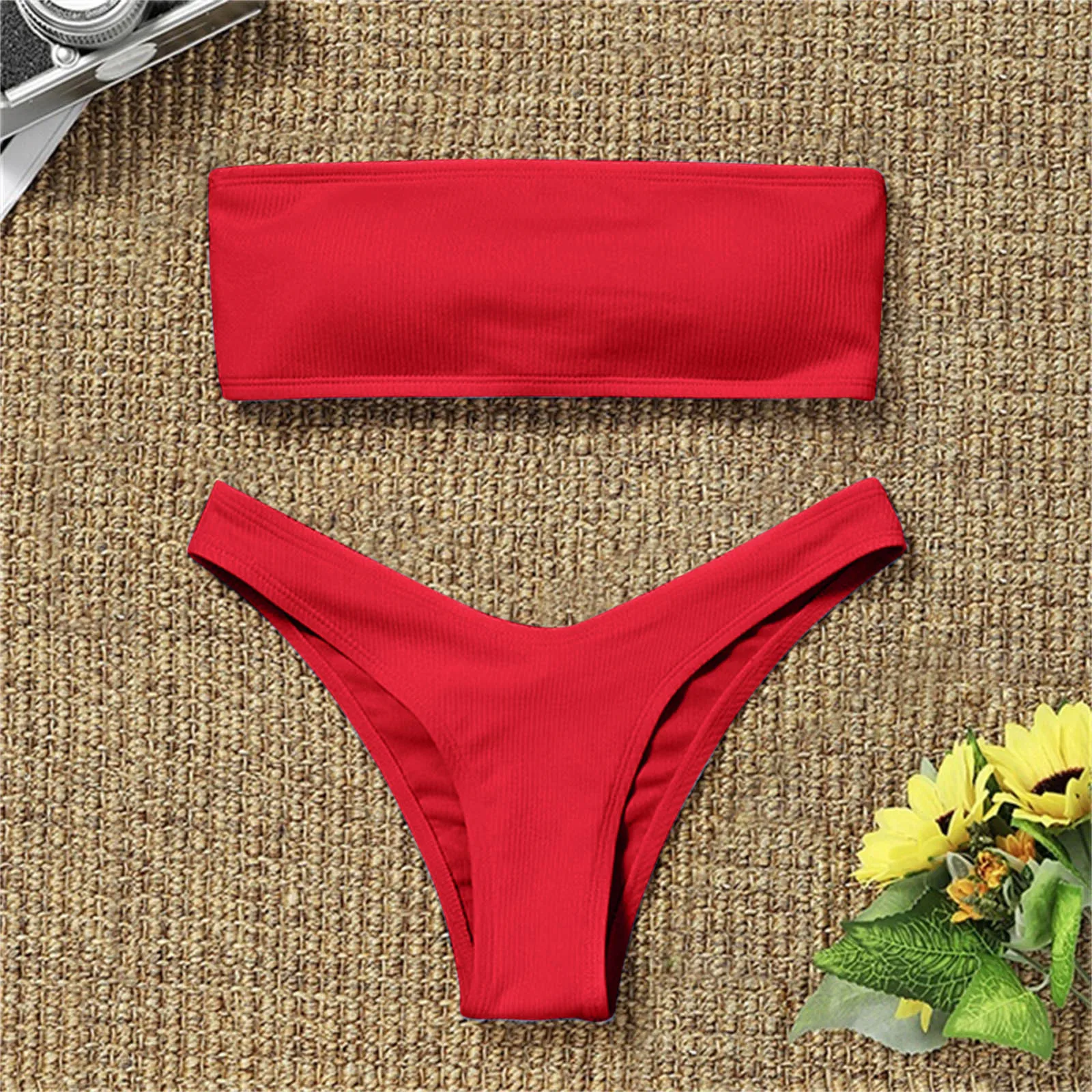 Bikini de cintura alta sin tirantes para mujer, bañador Sexy, traje de baño acolchado, de Color puro monokini, novedad de 2023