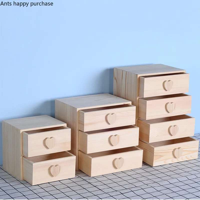 

Solid Wood Storage Box Multilayer Drawer Type Wooden Box Heart Shaped Handle Office Desktop Organizer Decorative Storage Cabinet