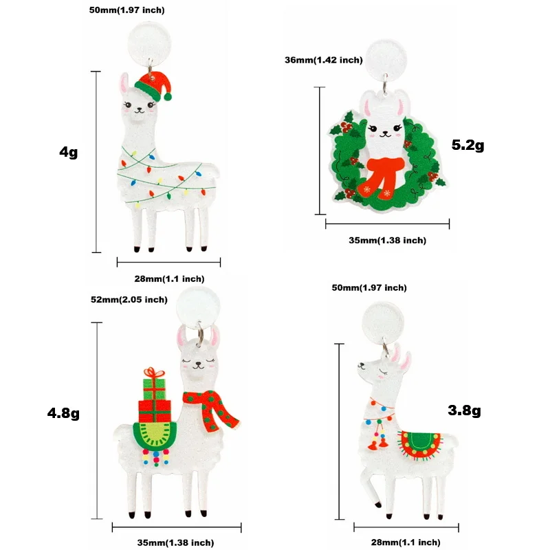 Cute Christmas Glitter White Alpaca Llama With Gifts Wreath Lightbulbs Acrylic Stud Earrings For Women Lovely Holiday Jewelry