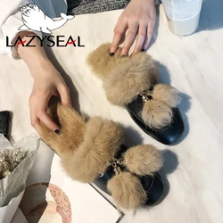 LazySeal Fur Women Slippers Metal Decoration Fringe Appliques Slides Winter 100% Real Rabbit Hair Shoes Woman Indoor Big Size 44