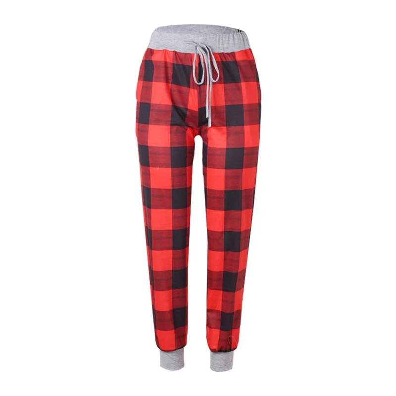 

Autumn Women's Cotton Fashion Christmas Plaid Drawstring Trousers Print Plug Lace Casual Pants HGTY1