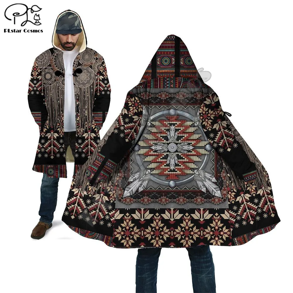 PLstar Cosmos Aboriginal Native Style 3D Print Winter Men/Women Hooded Cloaks Fleece Wind Breaker Unisex Casual Warm Overcoat N2