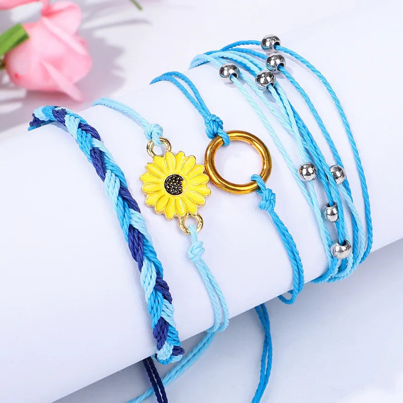2026 New Year Gift Hot Sale Sunflower Wax Cotton Bracelet Set For Girls Charm Handmade Small Daisy Rope Friendship Bracelet