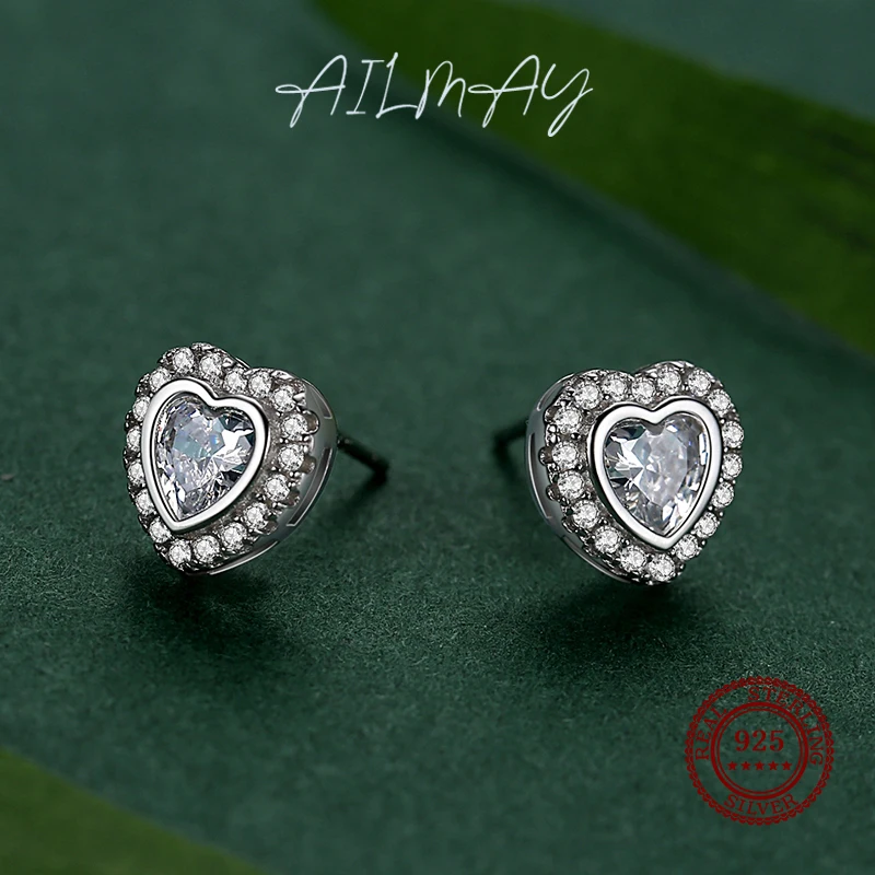 Ailmay 925 Sterling Silver Classic Luxury Love Heart Shape Stud Earrings Clear Zircon for Women Wedding Engagement Jewelry Gift