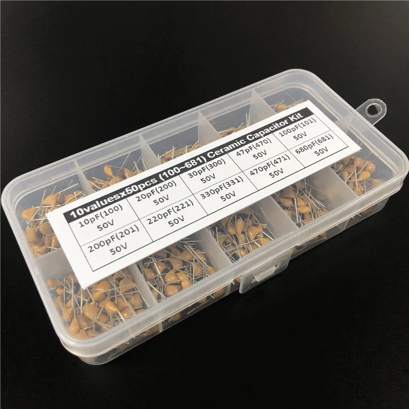 500pcs 10Valuesx50 10pF~680pF (100~681) Multilayer/Monolithic Ceramic Capacitor Assorted kit with storage box