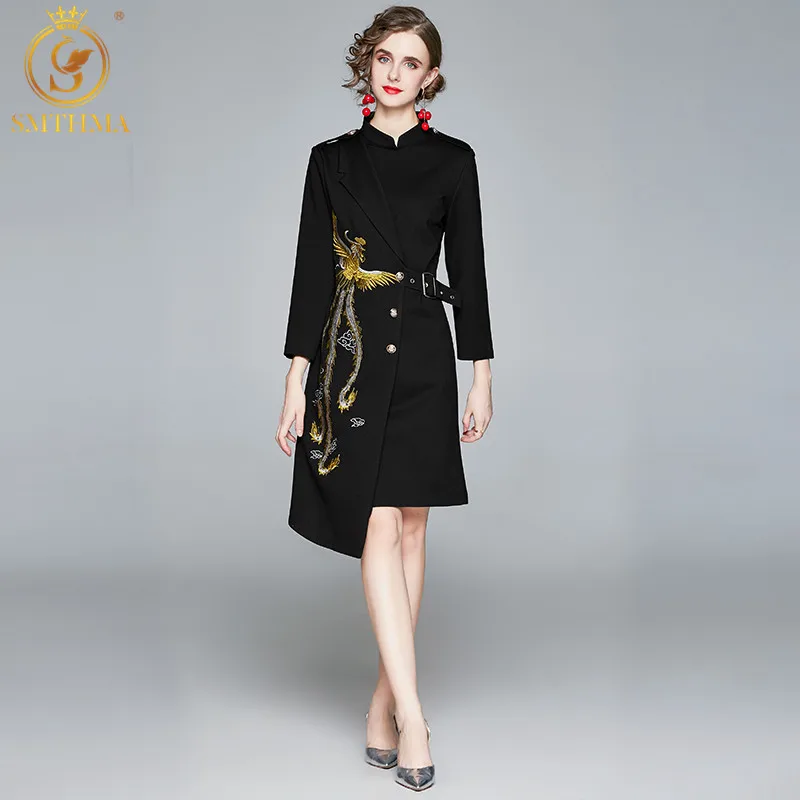 SMTHMA New Fashion Designer Black Dresses Spring Autumn Women's  Embroidery Elegant Asymmetrical Vestido Da Festa