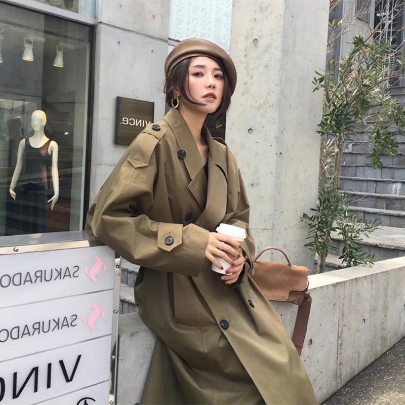 Chic Women Trench Coat Casual Women's Long Outerwear Loose Overcoat with Belt Winter Fashion Double-breasted Windbreaker