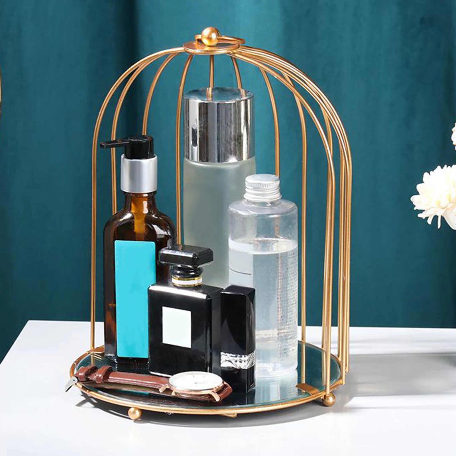 Bird Cage Desktop Organizer Holder Makeups Display Stand Spice Jar Rack Jewellery Metal Tray for Dresser Shelves Desk