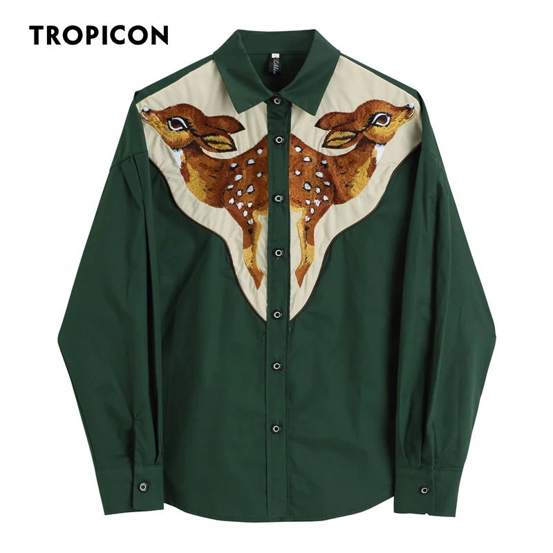 TROPICON Deer Embroidered Vintage Button Up Shirt Long Sleeve Designer Top Collar Dark Green Shirt For Women Blouses Fall 2021