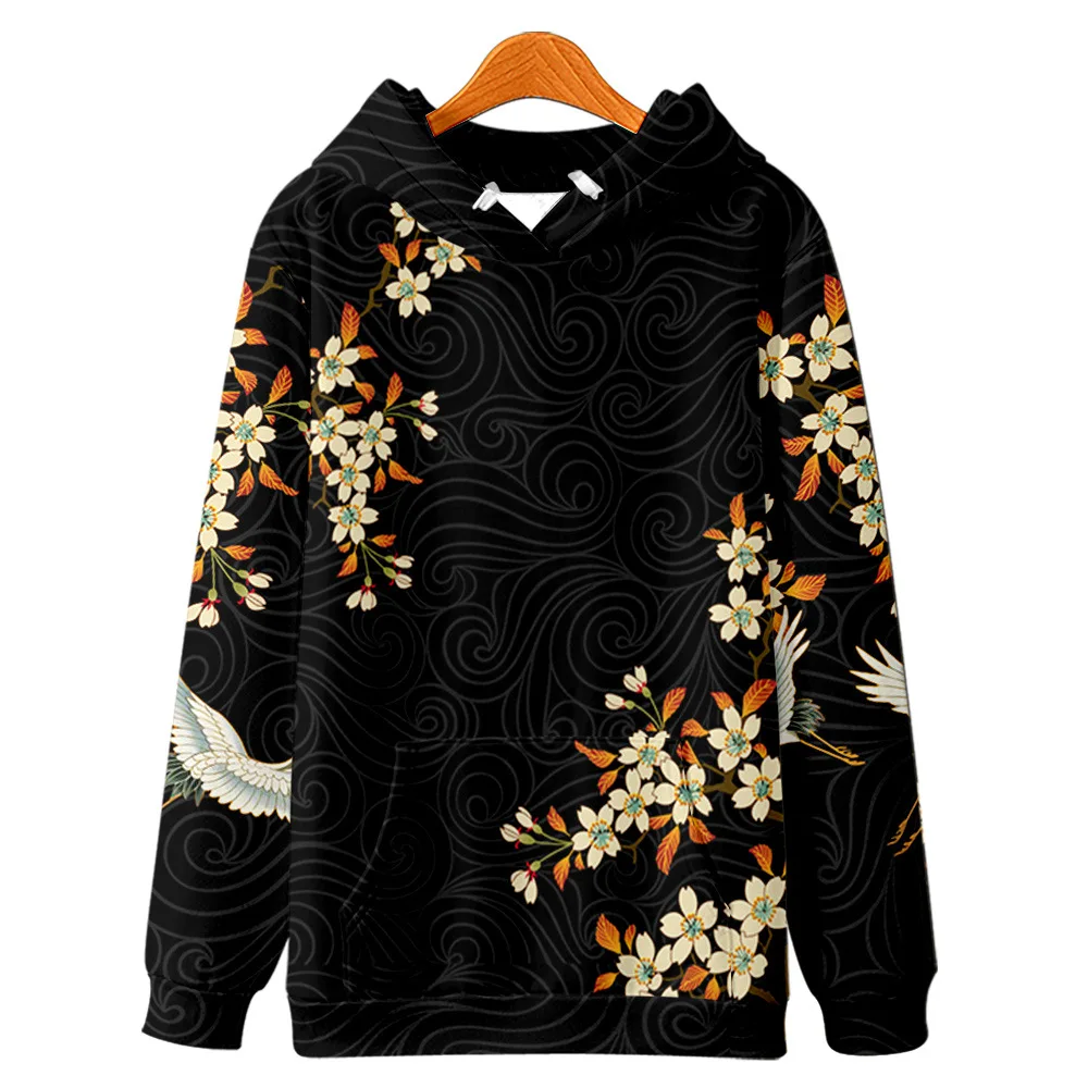 Harajuku Japanese Crane Flowers Print Hoodie Sweatshirt Casual Oversized Hooded Hoodie Hip Hop Pullover Women Men Clothing